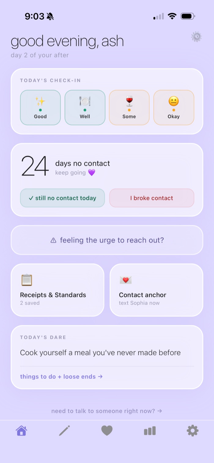 After's home screen showing a daily check-in and 24 days of no contact