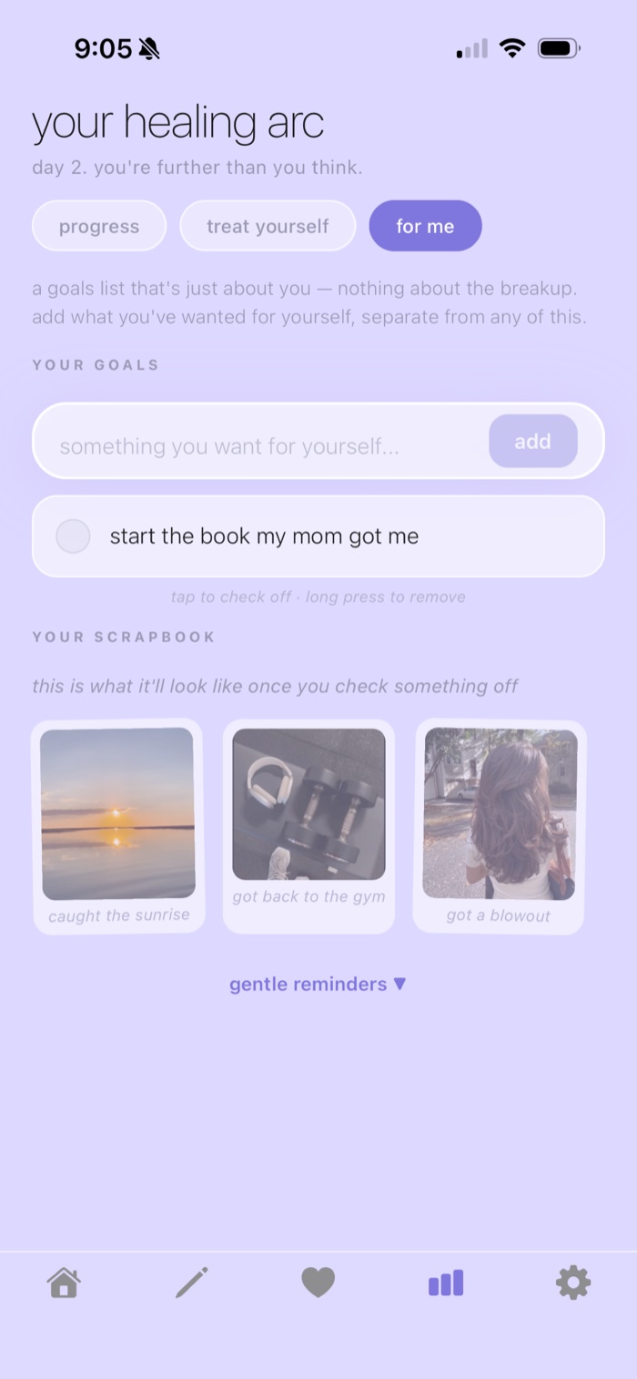 After's 'for me' screen with a personal goal and a scrapbook